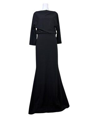 Badgley Mischka Black Blouson Top Micro-Rib Evening Gown